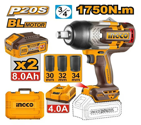 Аккумуляторный ударный гайковерт 1750 Нм, 3/4", 20В б/щ (2) INGCO CIWLI20175 INDUSTRIAL